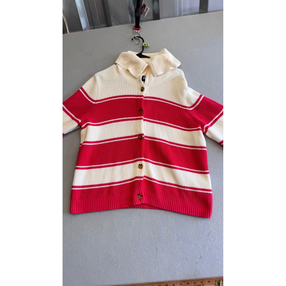 Lands End Drifter Cardigan Sweater Womens 1X Red Cream Striped Button Front Knit